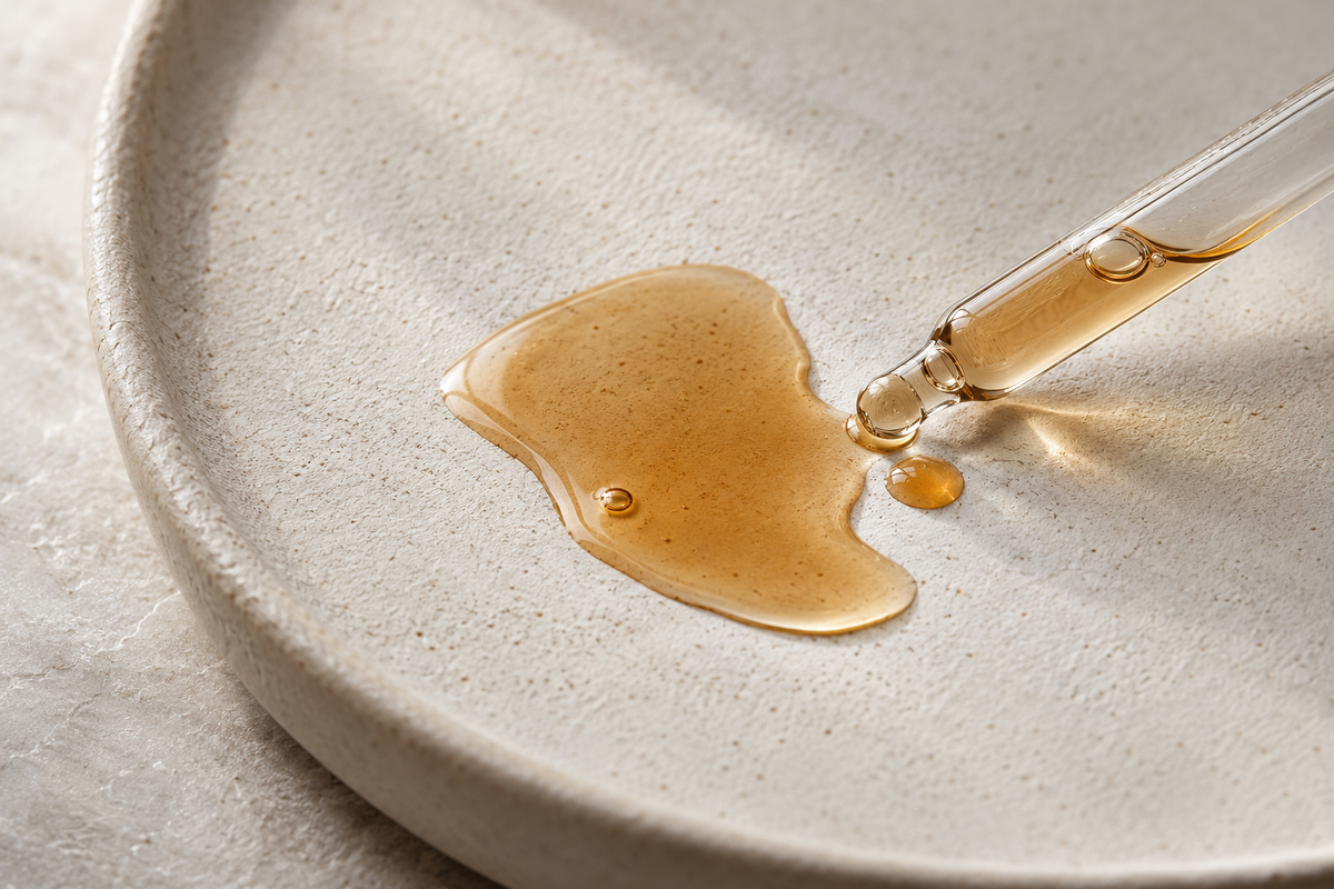 An amber serum pool and clear glass pipette on an ivory ceramic surface.