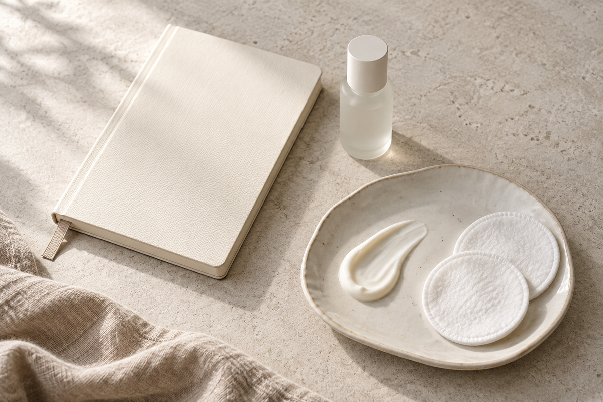A notebook, skincare vial, cotton pads and cream on an ivory dish.