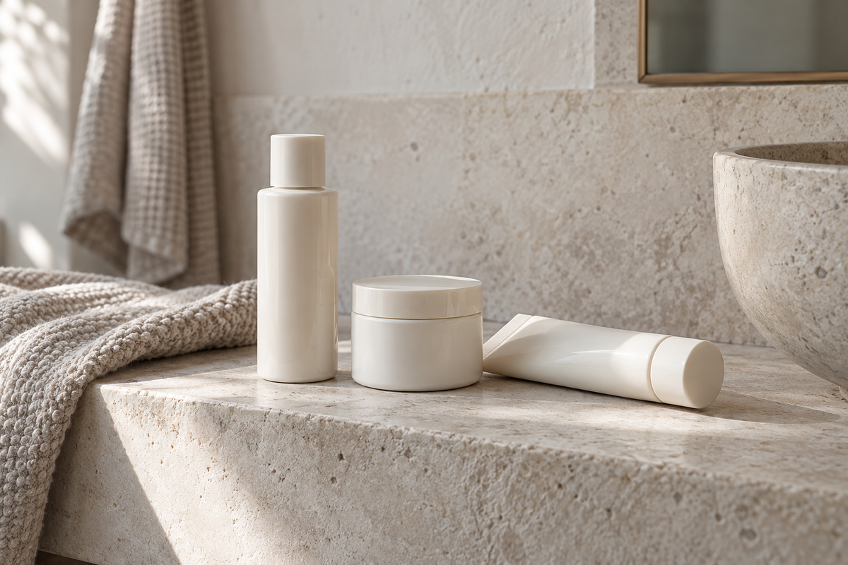 Three simple skincare containers on a pale stone ledge.