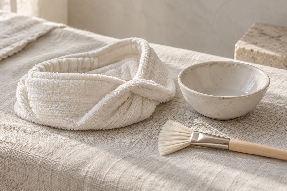 An ivory facial headband, ceramic bowl and soft treatment brush.