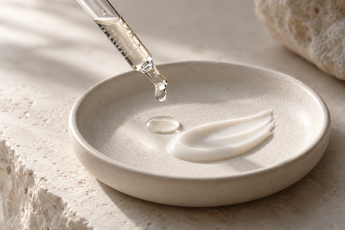 A glass pipette and a small cream swatch on an ivory dish.