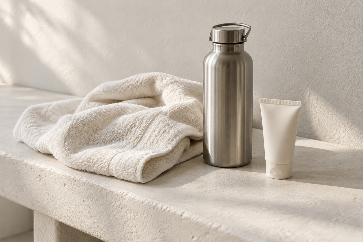 A folded gym towel, steel water bottle and plain skincare tube.