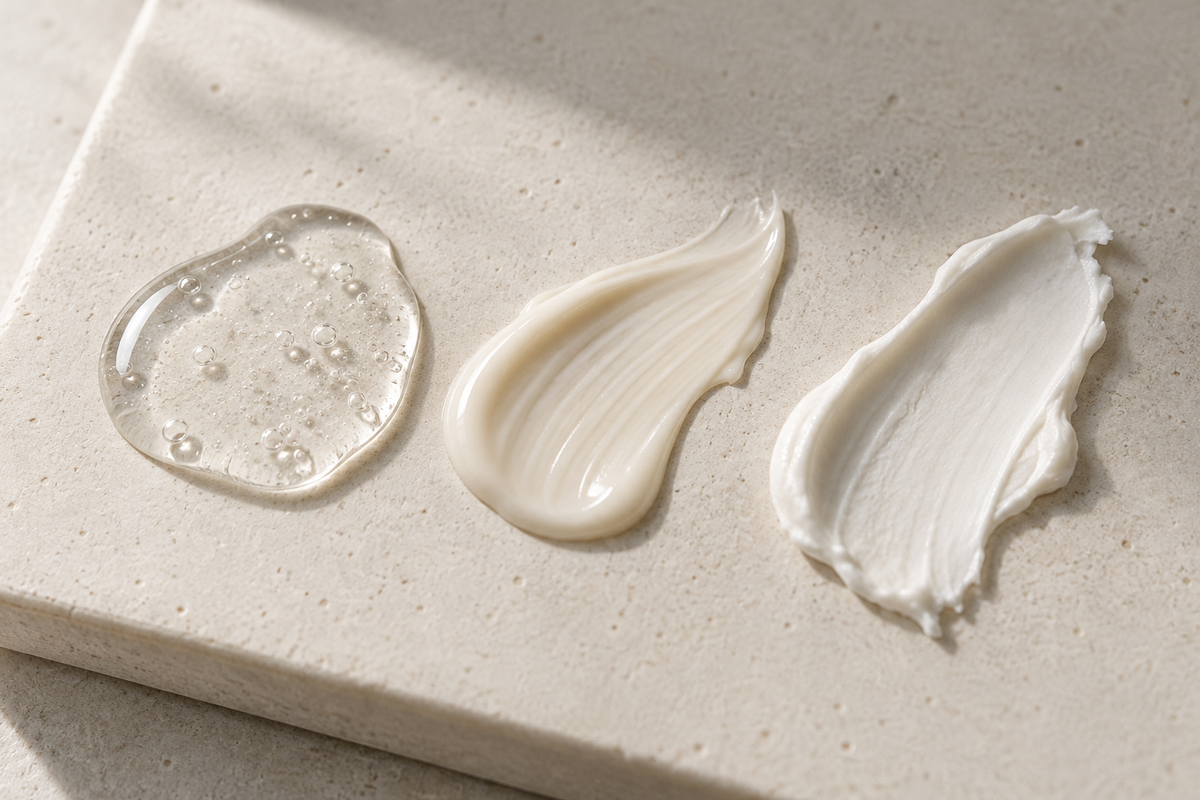 Three simple skincare textures on an ivory ceramic tile.