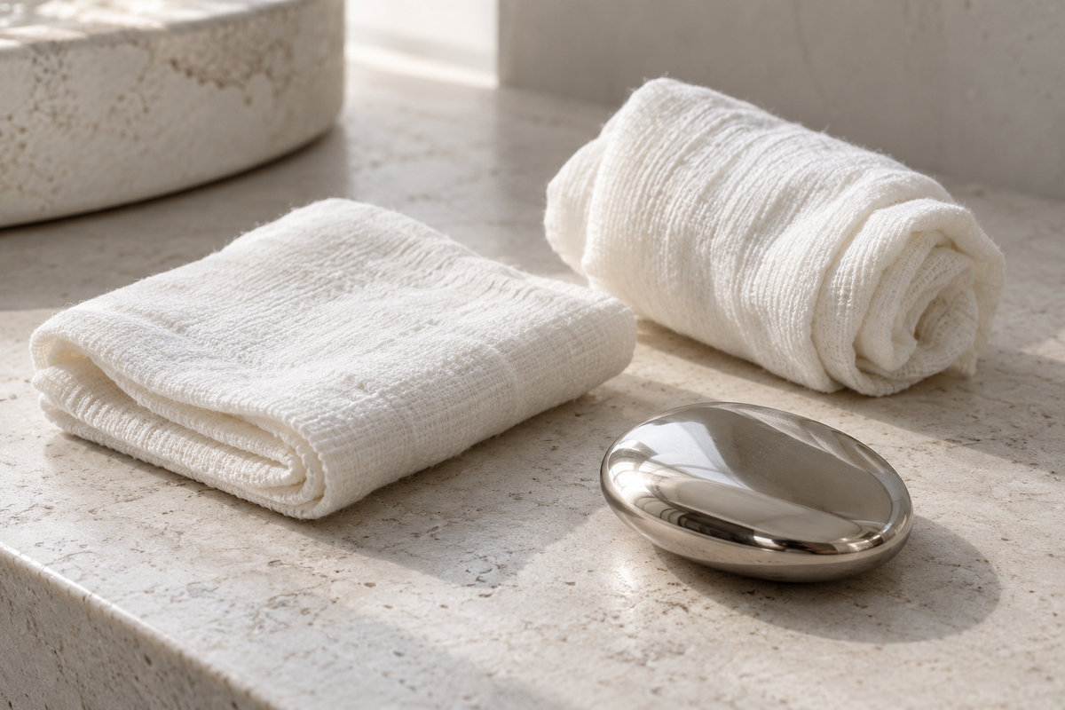 Two cotton facial compresses and a polished cooling tool on pale stone.