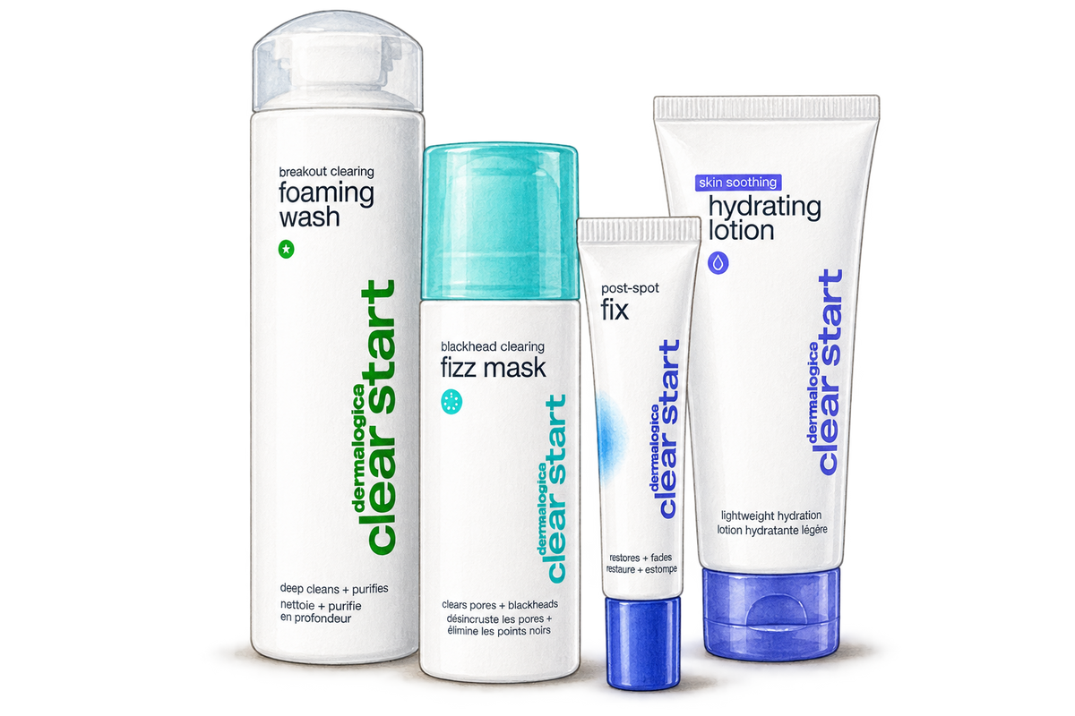Watercolor illustration of the Dermalogica Clear Start collection