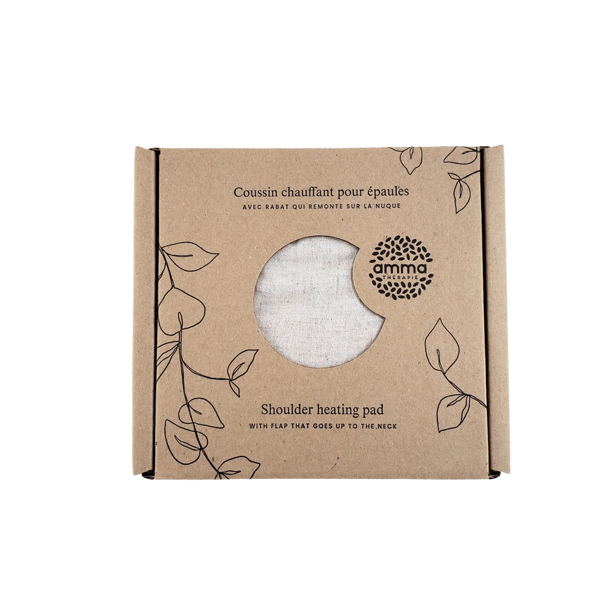 Kraft paper packaging of a shoulder heating pad with brand logo on a white background