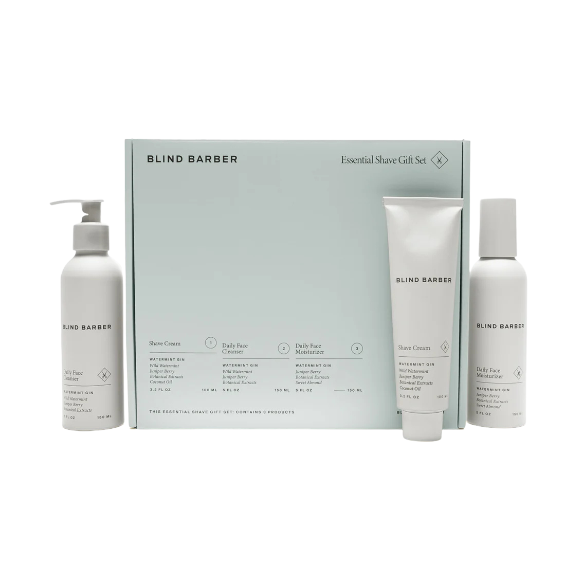 Blind Barber essential shave gift set with products on a white background