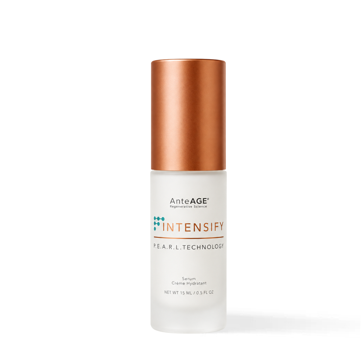 AnteAGE INTENSIFY Serum 15 mL bottle with copper cap on a warm beige background