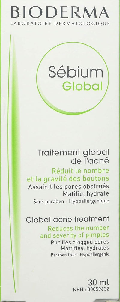 Bioderma Sébium Global acne treatment packaging with text and branding.
