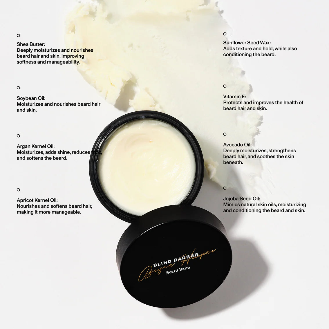 Blind Barber Original Swagger beard balm with ingredients listed on a white background