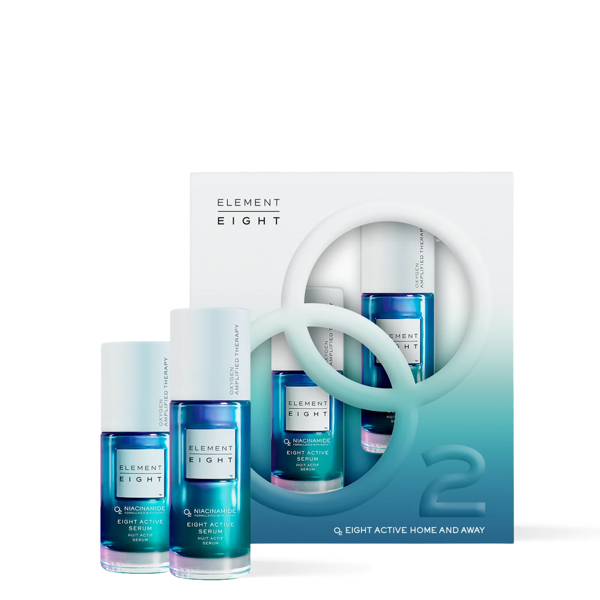 Element Eight O2 Eight Active Home and Away set with 30 ml and 15 ml Niacinamide Eight Active Serum.