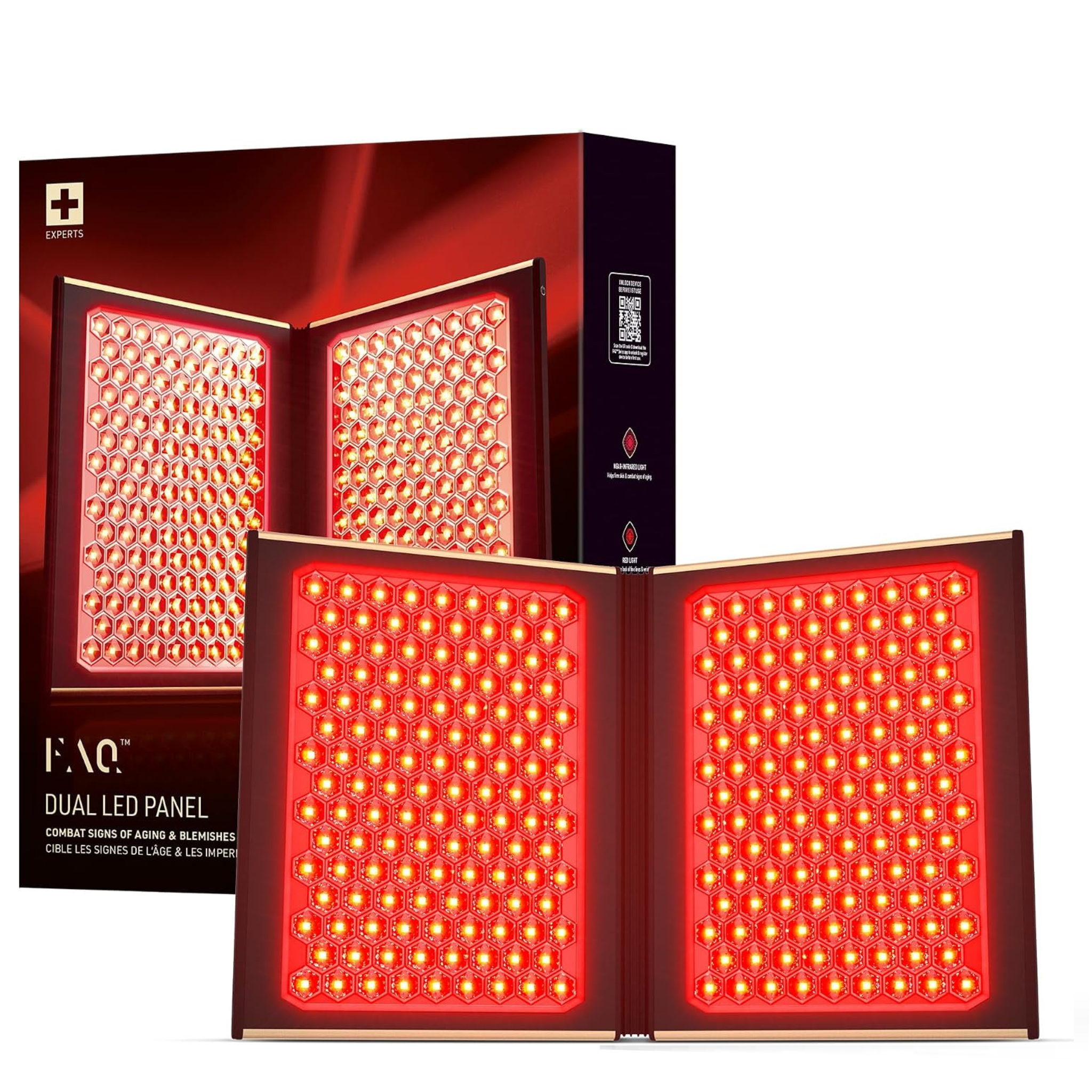 FAQ Swiss Dual LED Panel matte gold face and body LED light therapy device with 512 LEDs