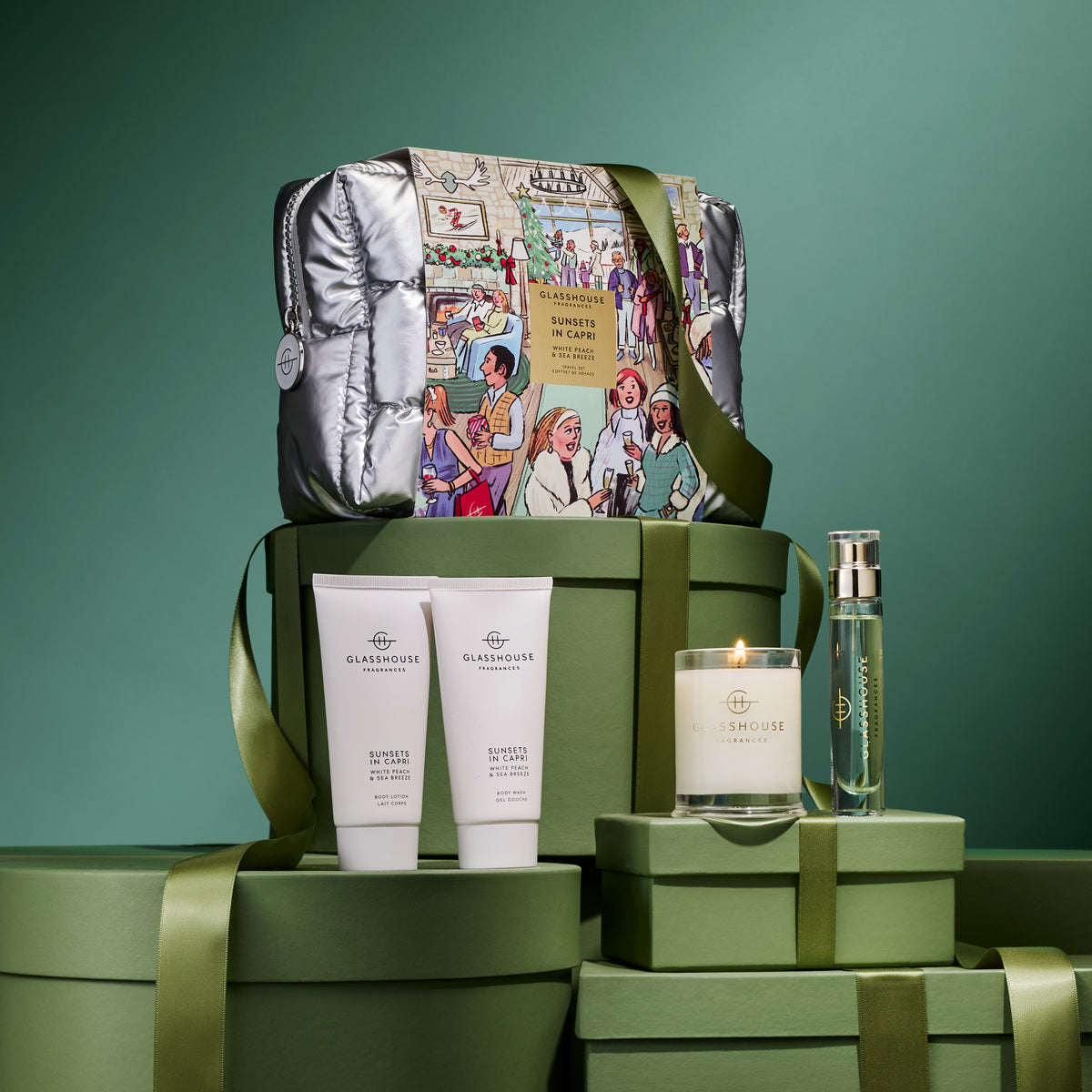 Glasshouse Sunsets in Capri 2026 gift set with Eau de Parfum, mini candle, body wash and body lotion.