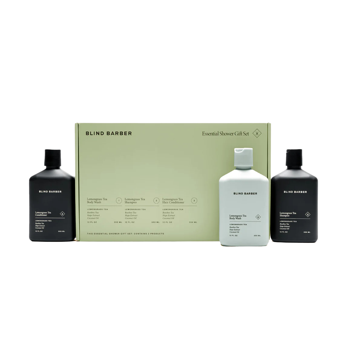 Blind Barber essential shower gift set with three bottles on a white background