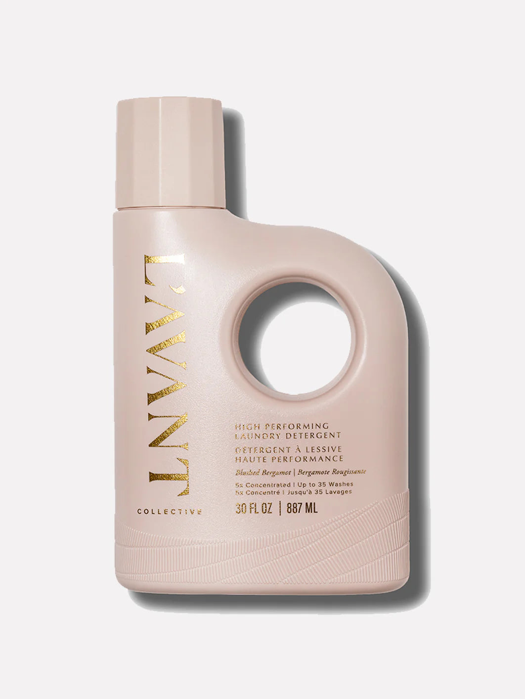 Beige bottle with gold text on a white background