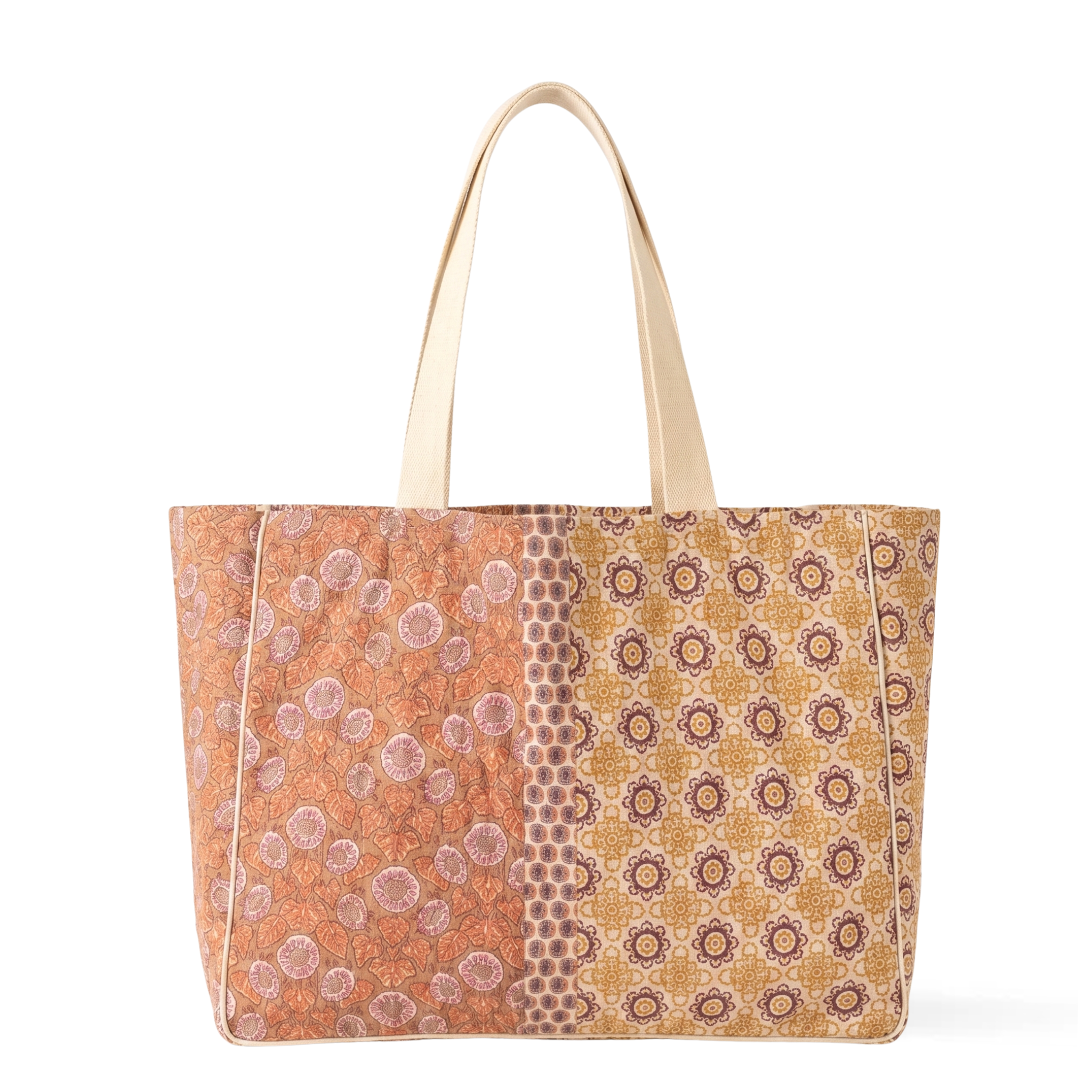 Indaba Cleo cotton market bag in Peach with digitally printed patchwork-effect design