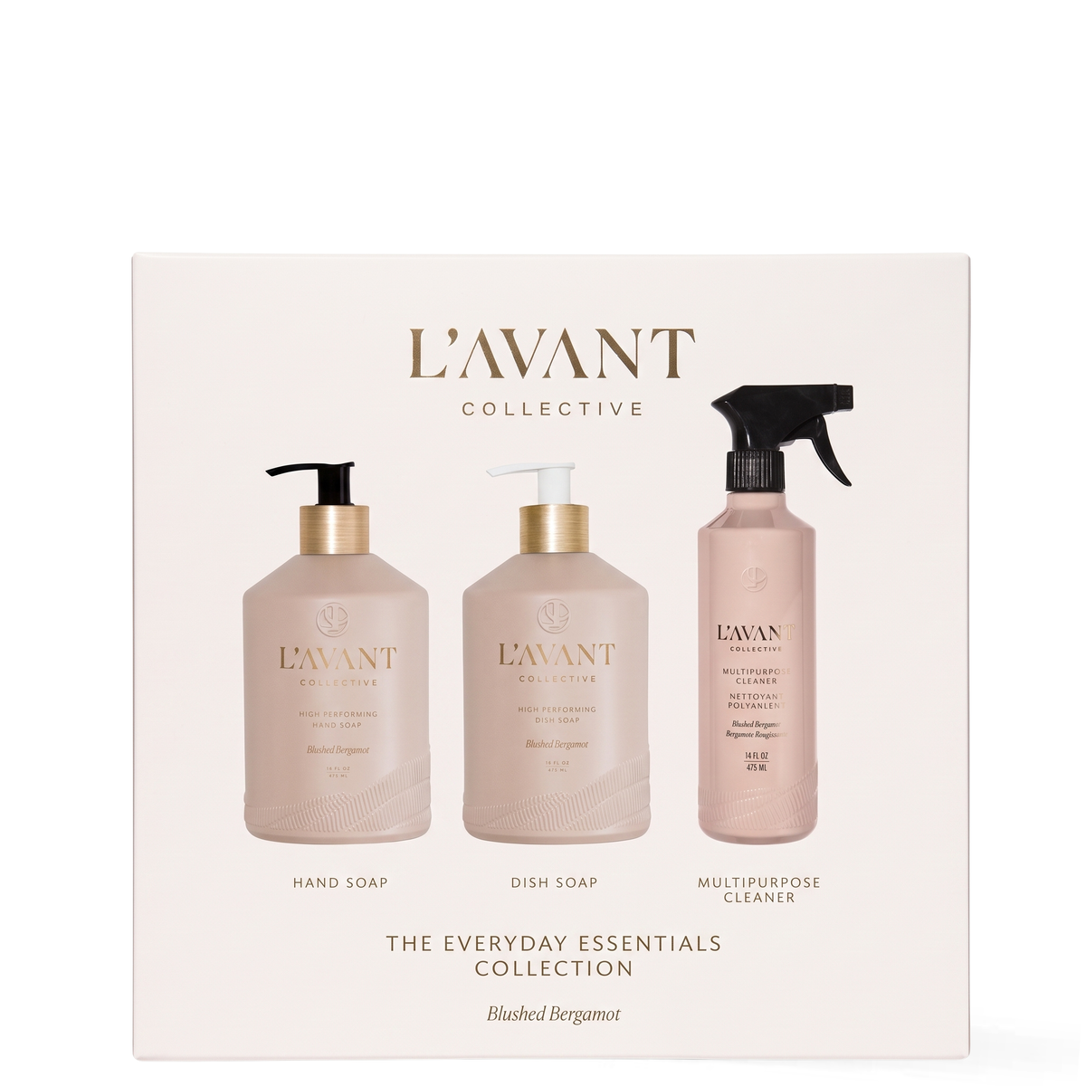 L’AVANT Collective The Everyday Essentials Collection in Blushed Bergamot with dish soap hand soap and multipurpose surface cleaner
