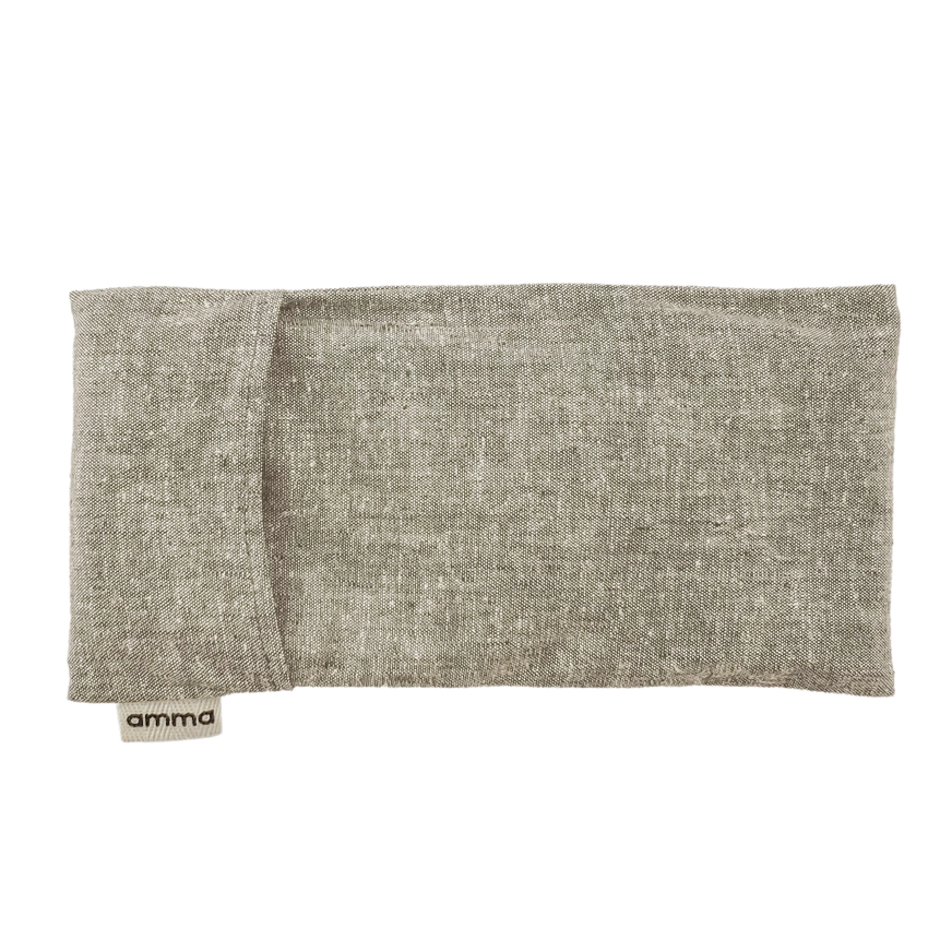 Gray fabric pouch with 'amma' branding on a white background