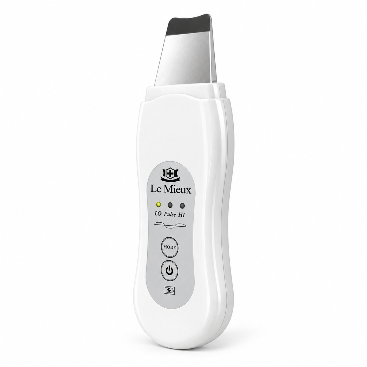 A white handheld facial hair removal device with a silver metal blade, featuring the brand name 'Le Mieux' and model 'ID Pulse HI' on the front.