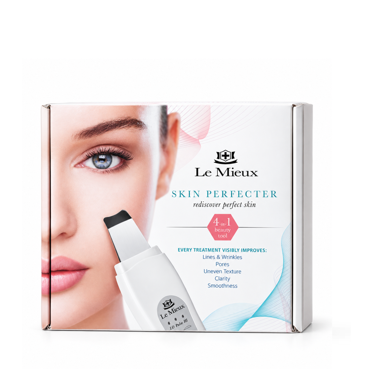 Le Mieux Skin Perfector beauty kit box featuring a close-up of a woman's face on the packaging, a white applicator wand, and blue and pink accents on a clean white background.