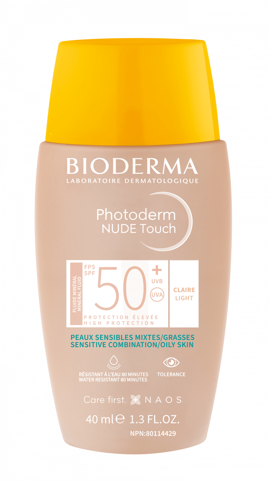 Bioderma Photoderm Nude Touch sunscreen bottle with yellow cap on a white background