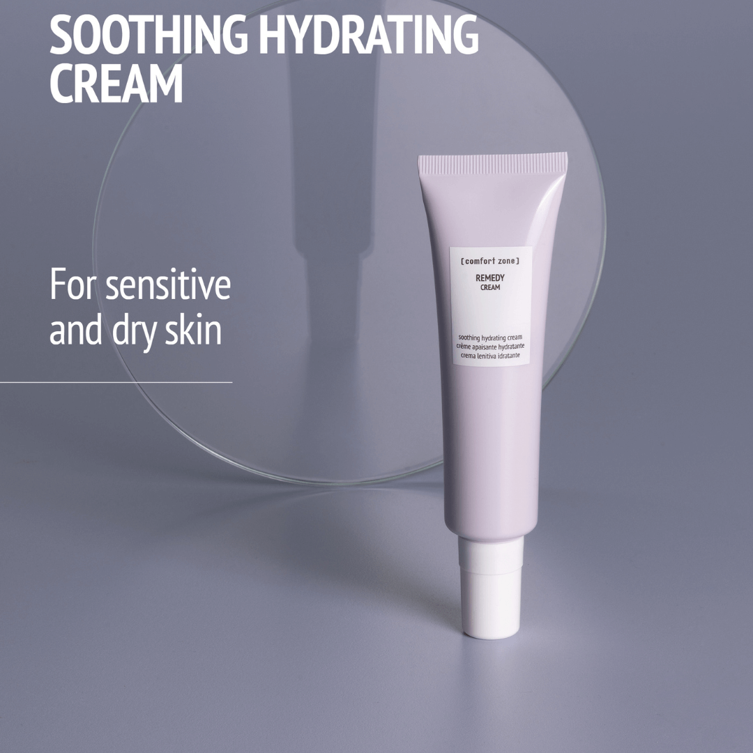 Purple tube of soothing hydrating cream on a gray background