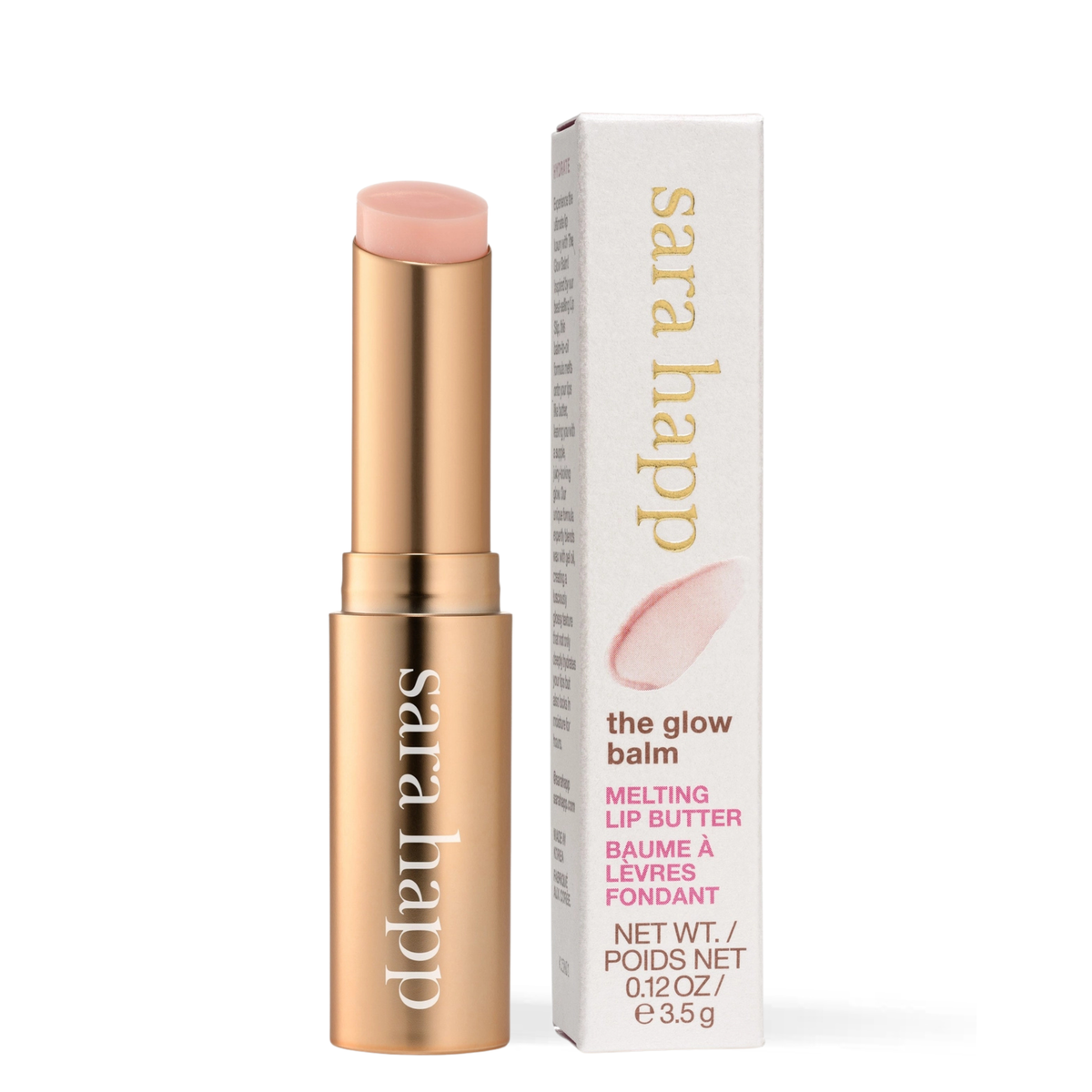 Swatch of Sara Happ The Glow Balm showing its sheer tint and glossy finish