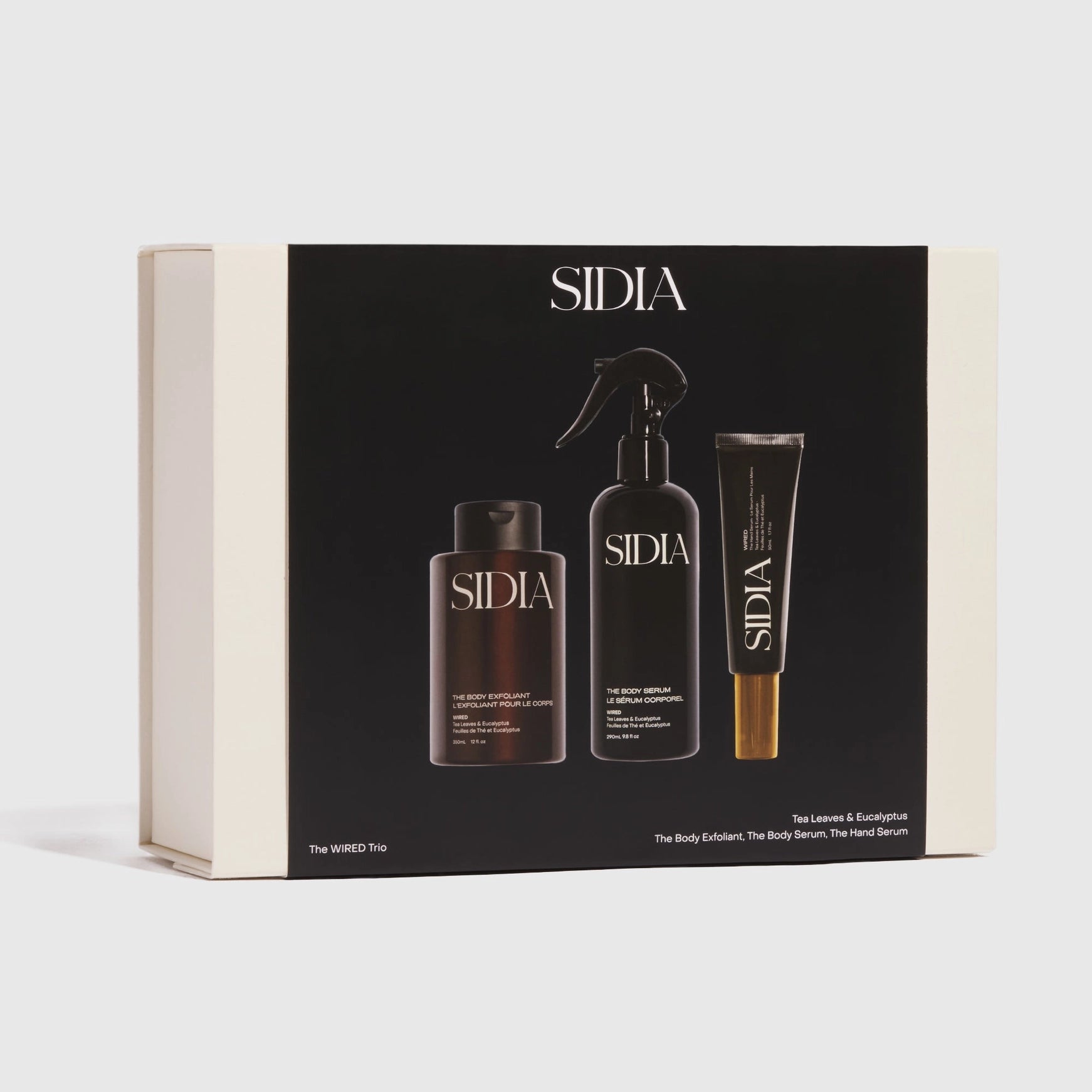 SIDIA product set packaging with three bottles on a black background