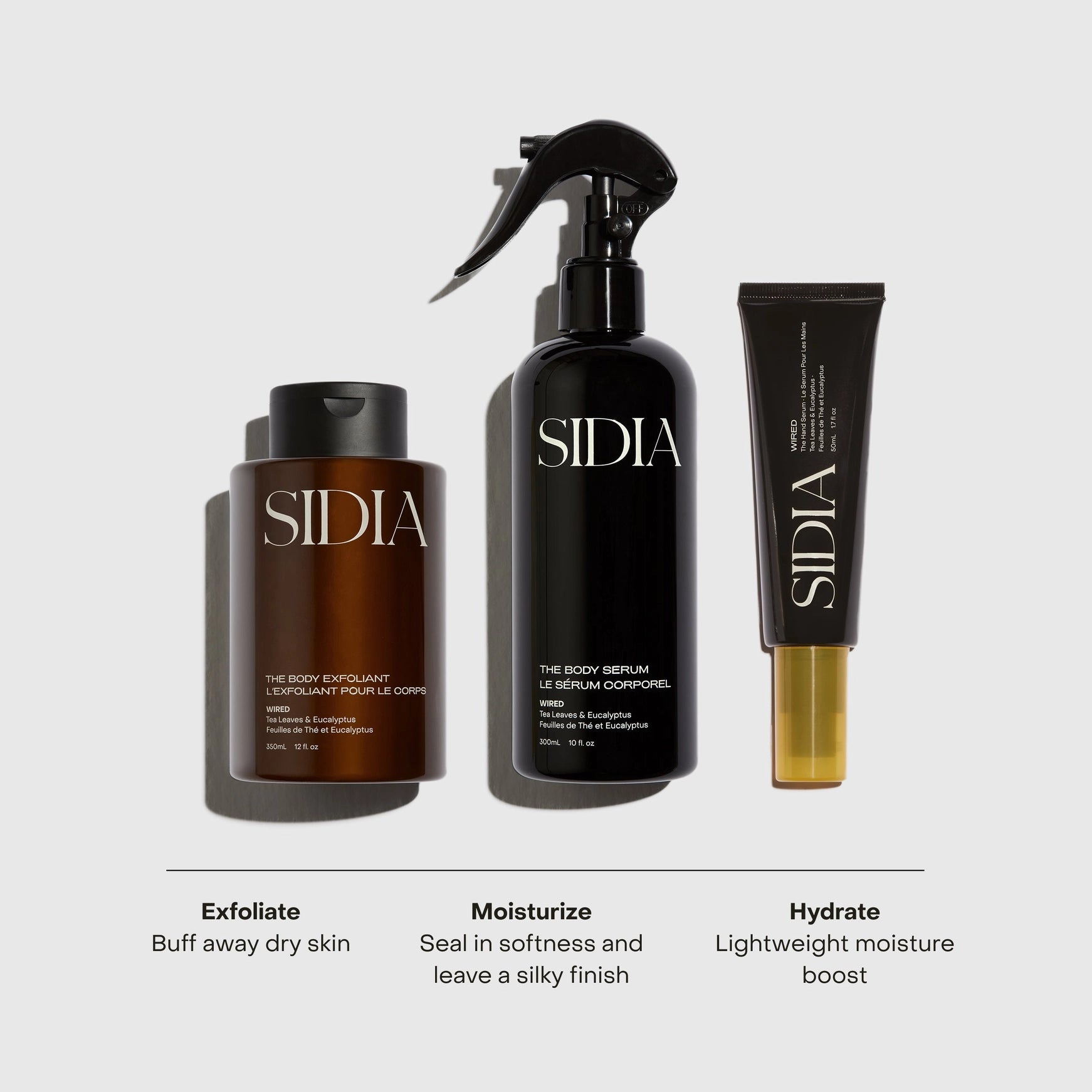 Three skincare products from the brand 'SIDIA' on a white background