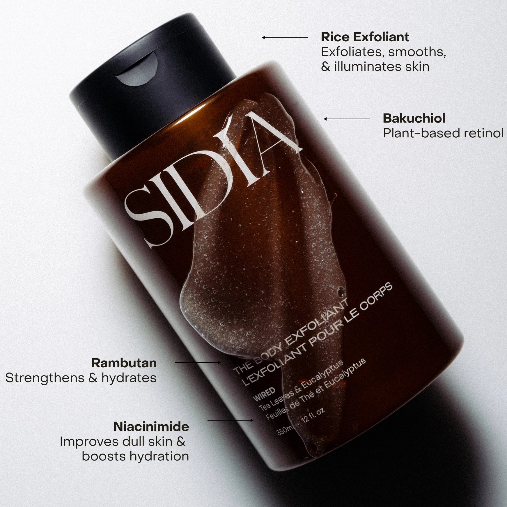 SIDIA body exfoliant bottle with text highlighting ingredients on a white background