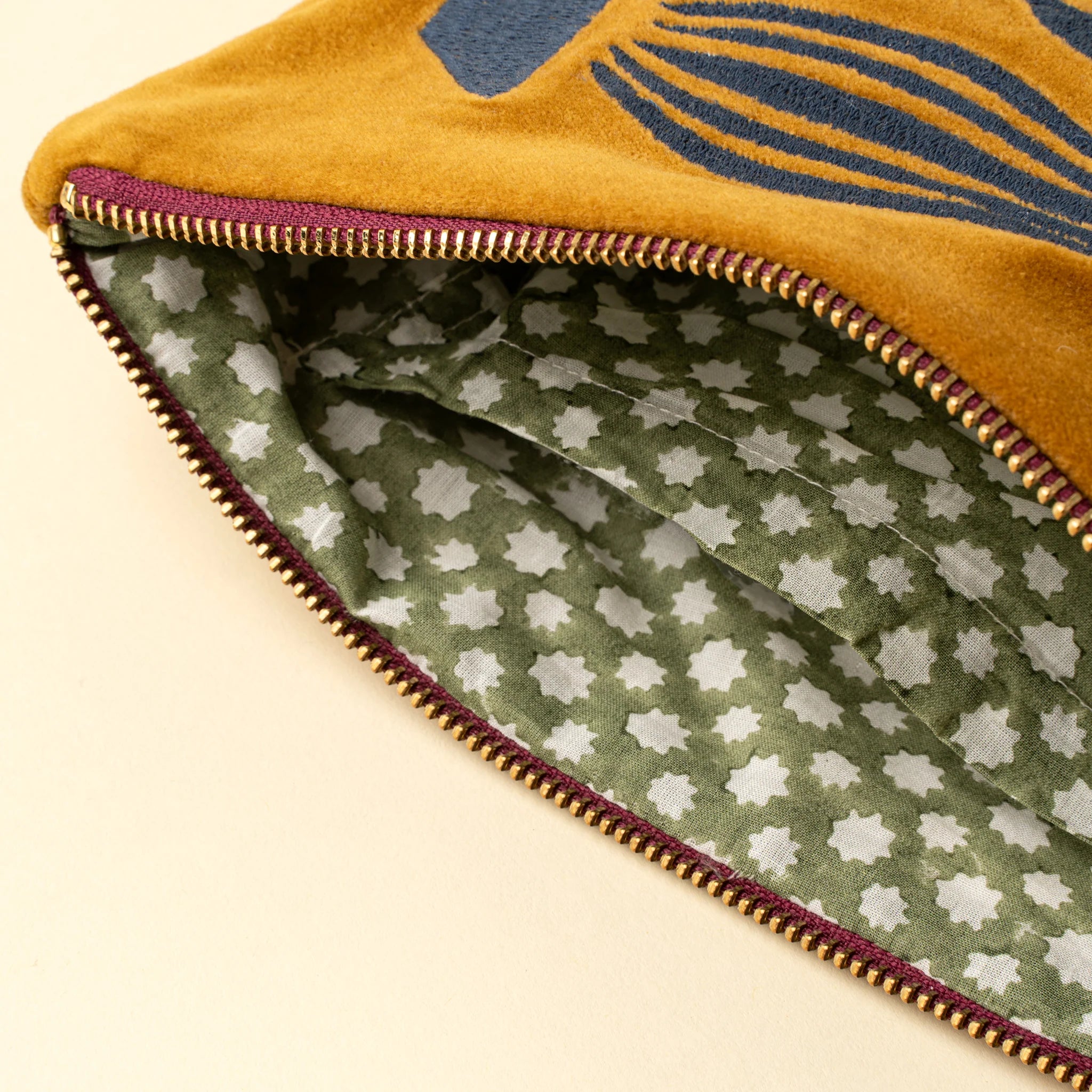 Indaba Spring Silhouettes cotton velvet pouch with colourful embroidery, tassel zipper and so far so good lettering