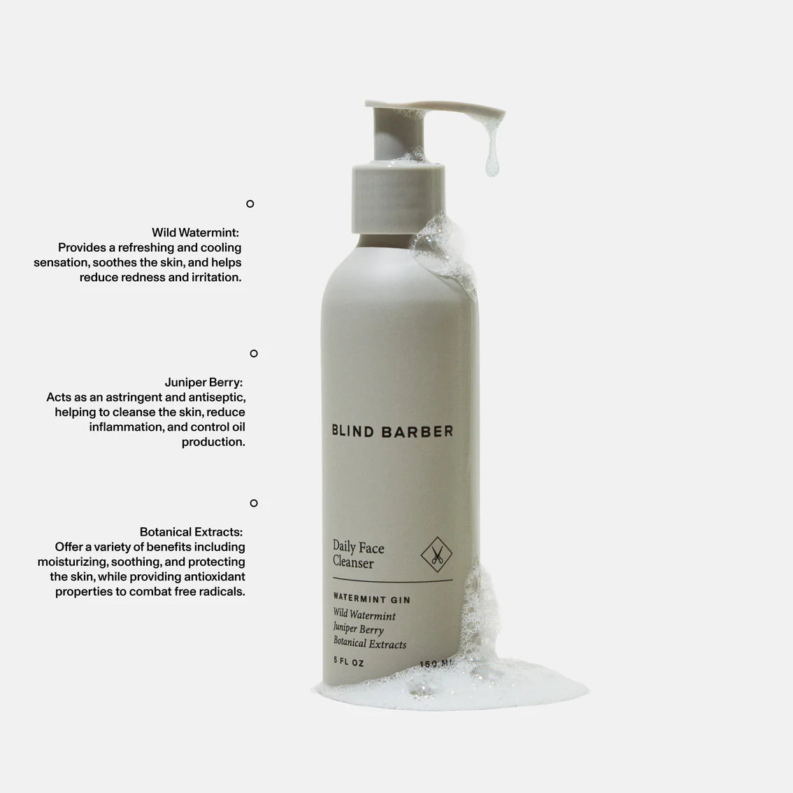 Blind Barber Daily Face Cleanser bottle with text on a white background