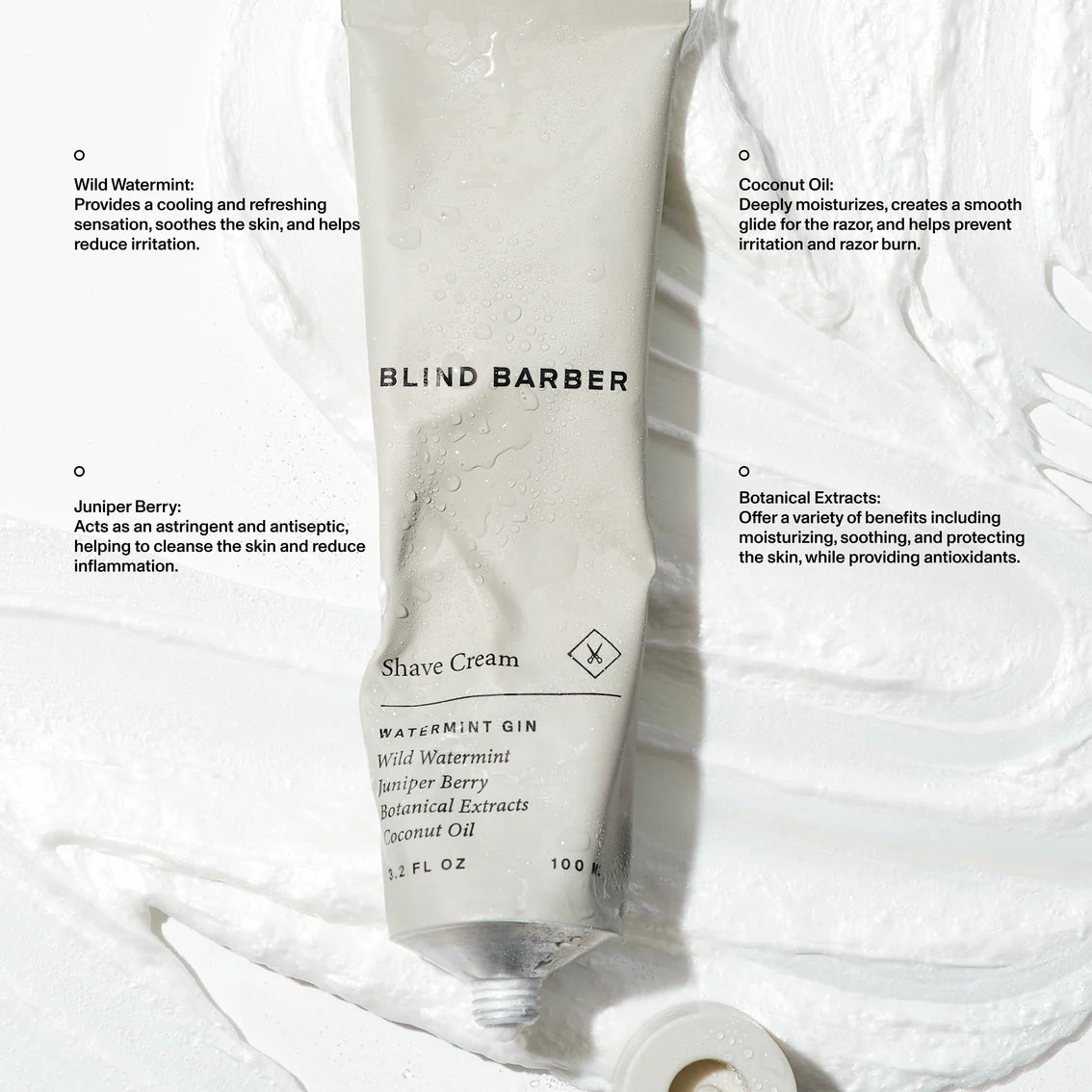 Blind Barber shave cream tube with product details on a white background