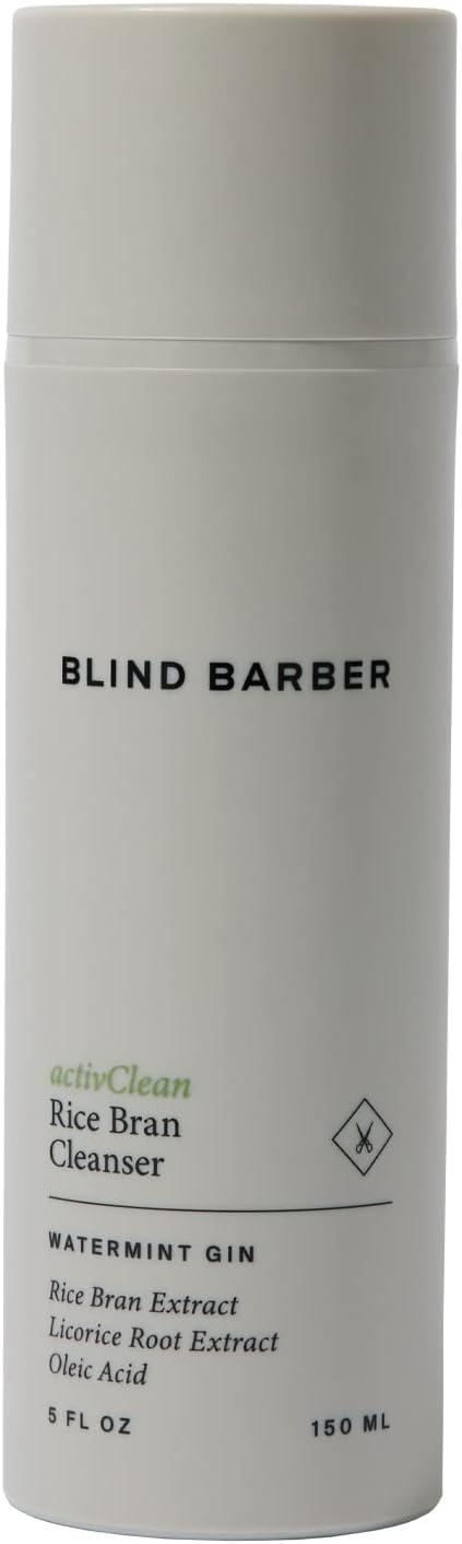 White bottle of Blind Barber Rice Bran Cleanser with text on a white background
