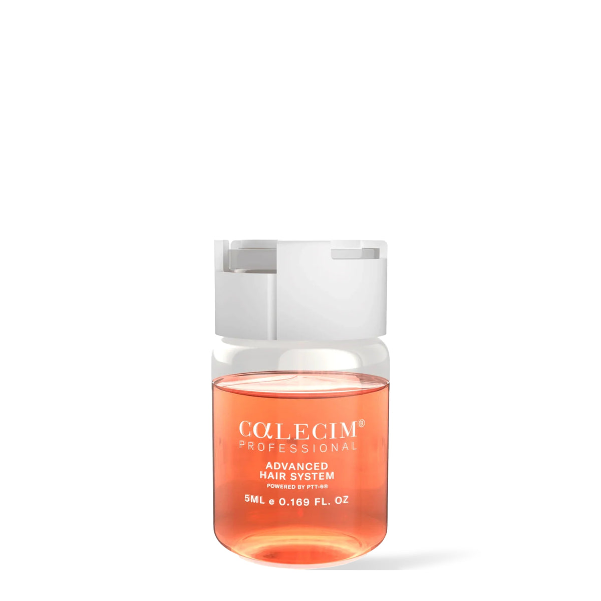 Calecim Professional Advanced Hair Elixir 5 ml ampoule with pink-orange elixir, on a white background