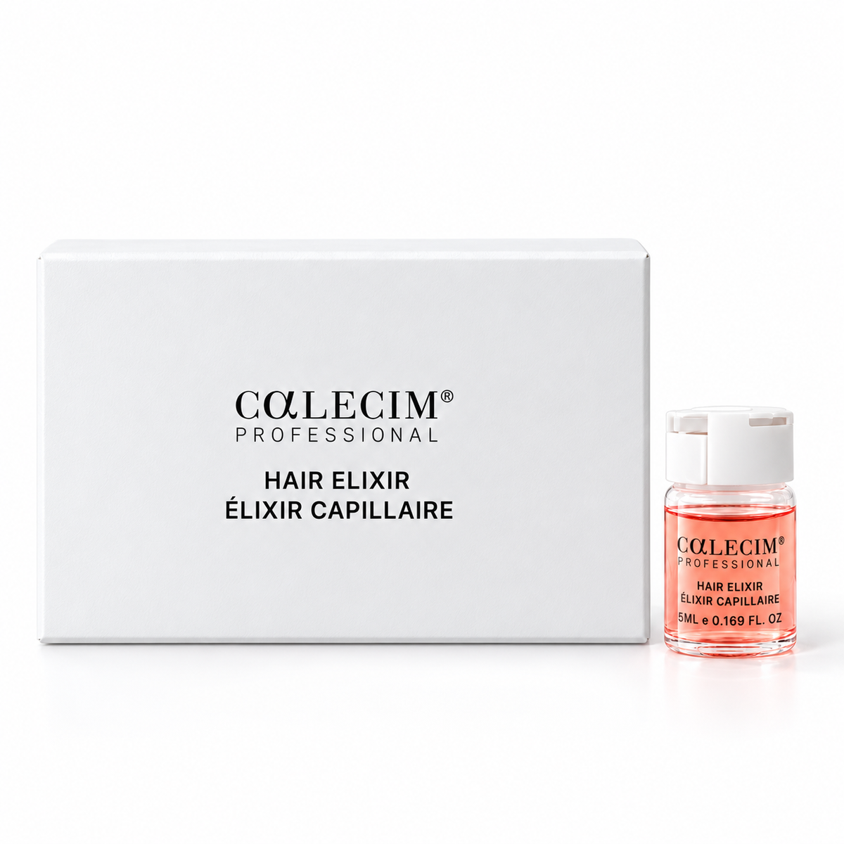 Calecim Professional Hair Elixir box and 5 ml vial with bilingual packaging on a white background with a soft shadow