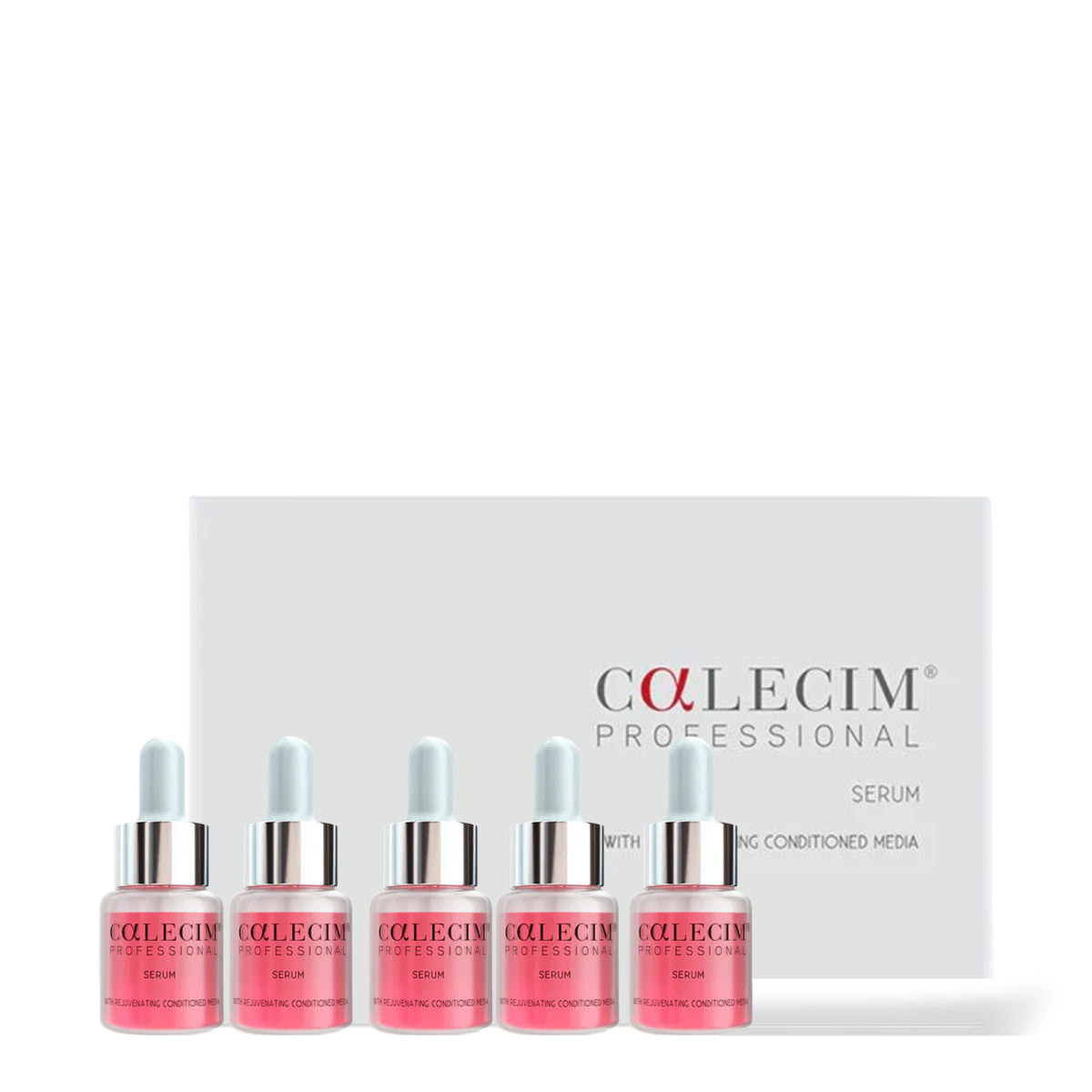 Calecim Professional Serum 6 x 5 ml: dropper bottles in front of the white Calecim box, on a white background