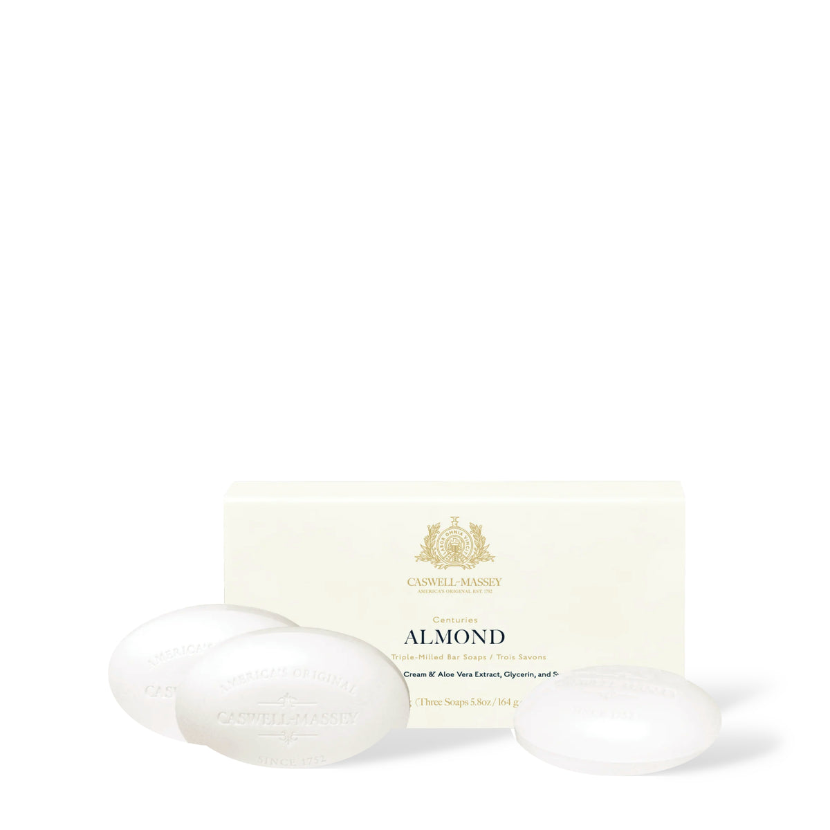 Caswell-Massey Almond Bar Soap, set of three bars with cream gift box