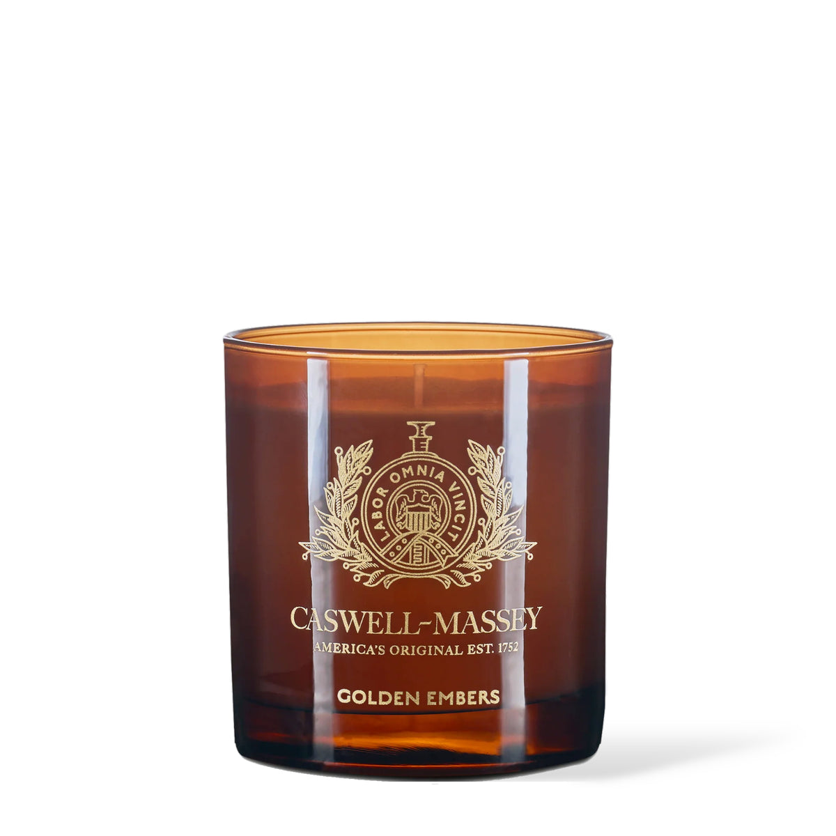 Caswell-Massey Golden Embers Candle, 8 oz amber glass candle with gold crest