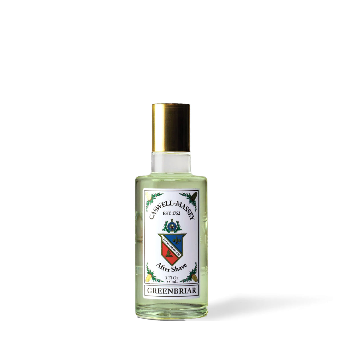 Caswell-Massey Greenbriar Aftershave, 88 ml bottle of green liquid with crest label and gold cap