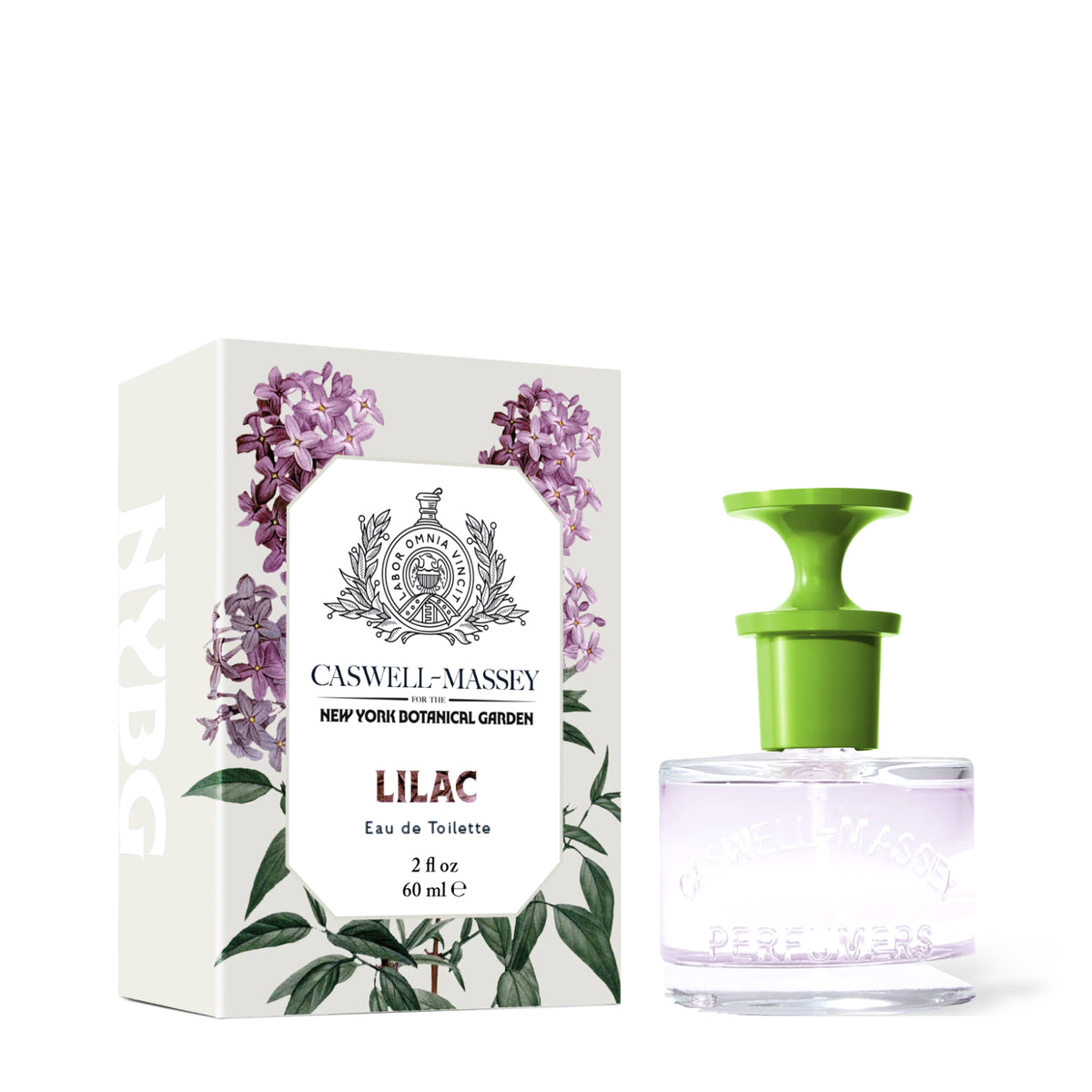 Caswell-Massey Lilac Eau de Toilette, 60 ml bottle beside its green box