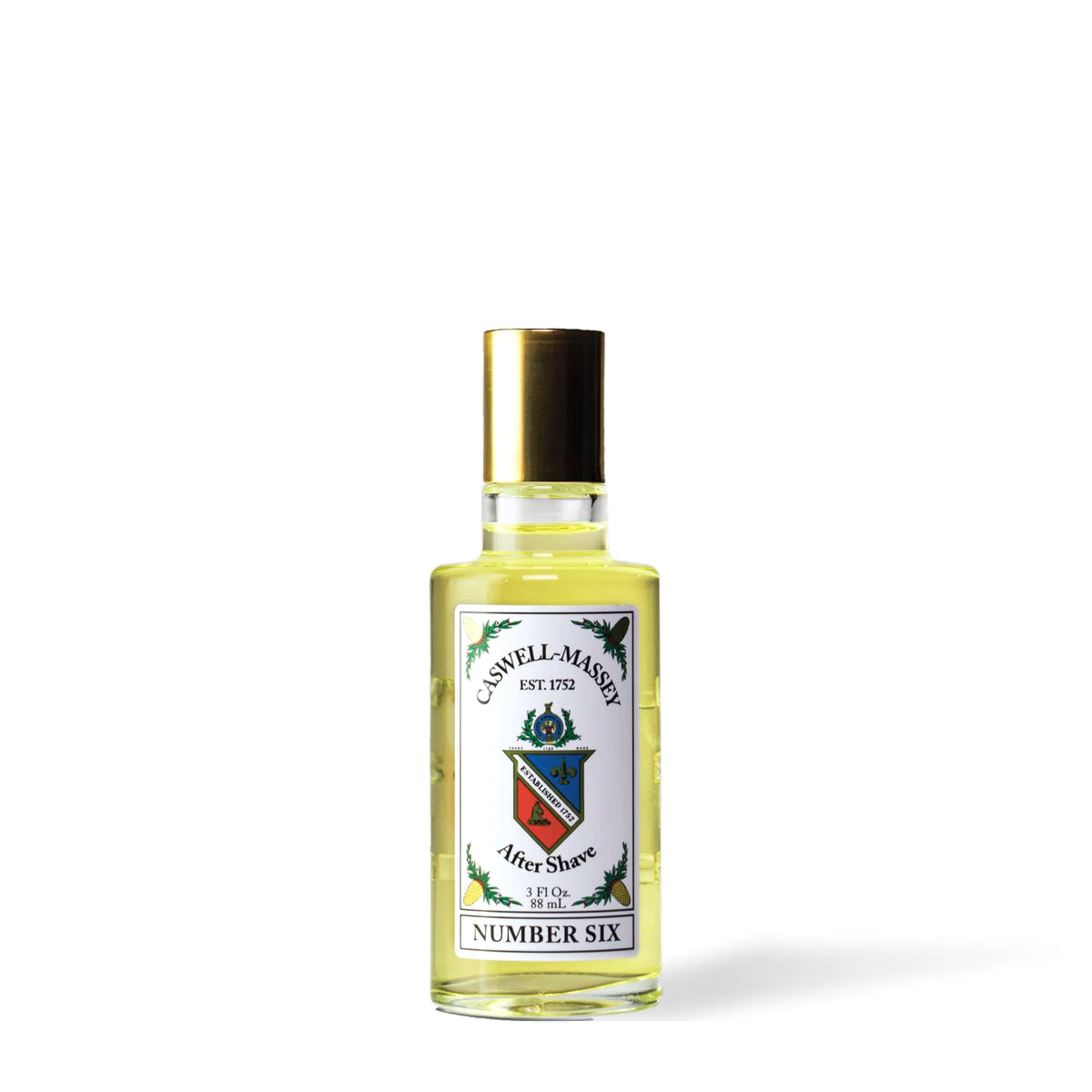 Après-rasage Number Six Caswell-Massey, flacon de 88 ml au liquide jaune avec étiquette à l'emblème