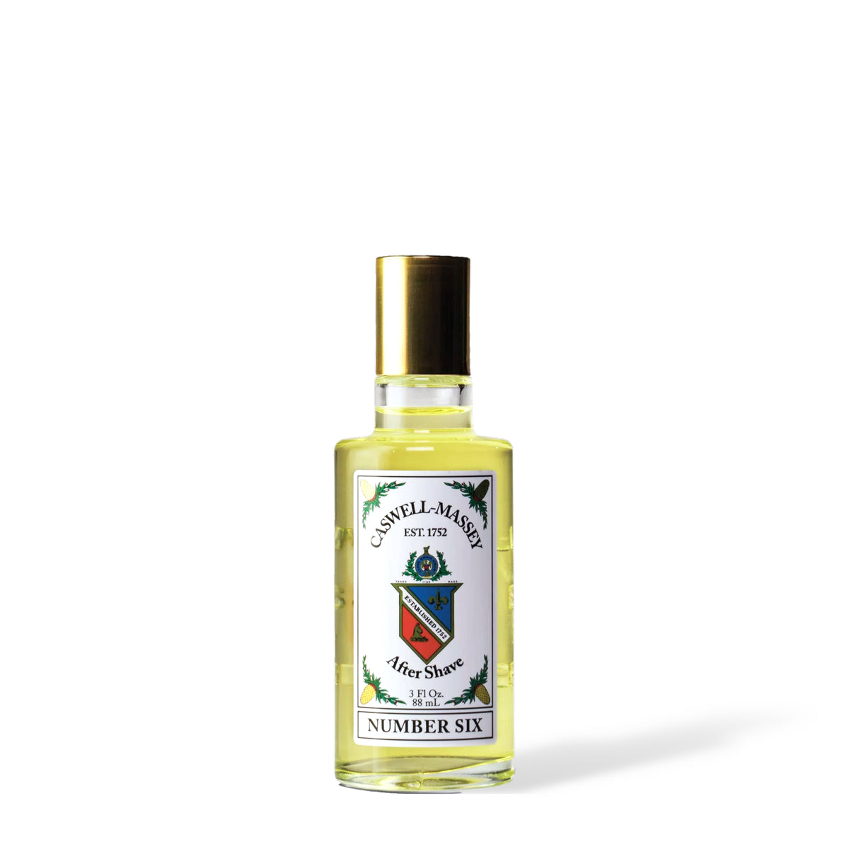 Caswell-Massey Number Six Aftershave, 88 ml bottle of yellow liquid with crest label