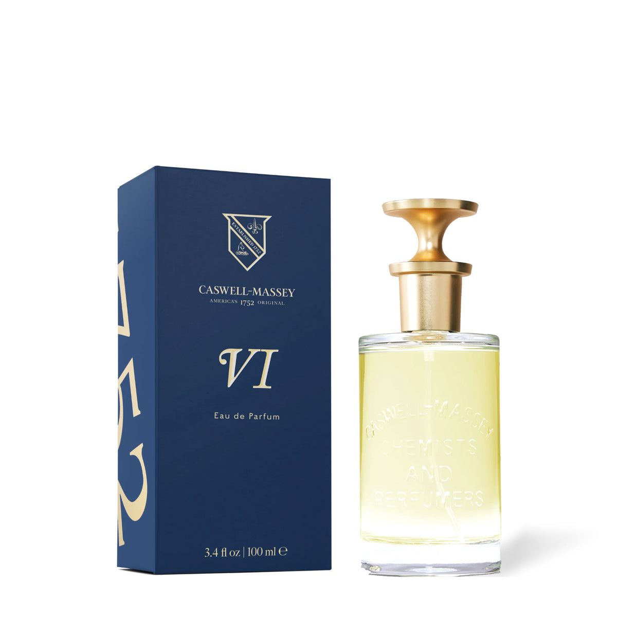 Caswell-Massey Number Six Eau de Parfum, 100 ml bottle beside its navy blue box