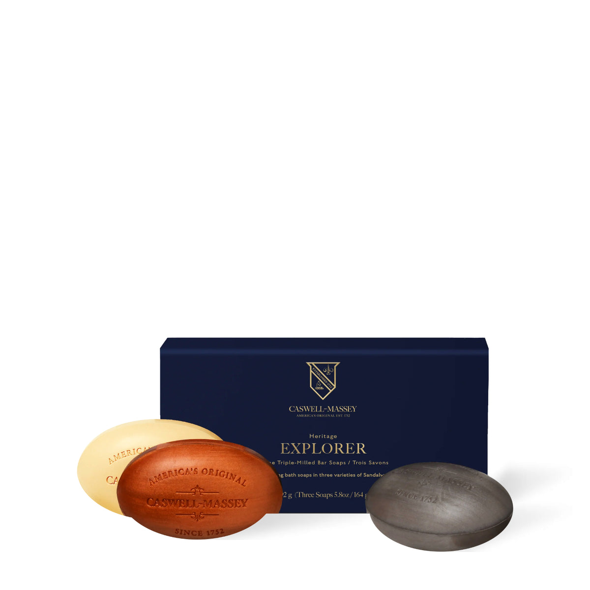 Coffret de savons Sandalwood Explorer Caswell-Massey, coffret bleu marine avec les pains de savon 2571, Woodgrain Sandalwood et Centuries Sandalwood