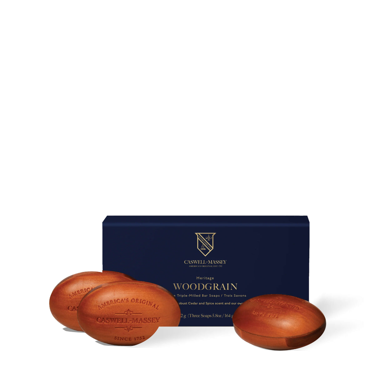 Caswell-Massey Woodgrain Sandalwood Bar Soap, set of three bars with navy gift box