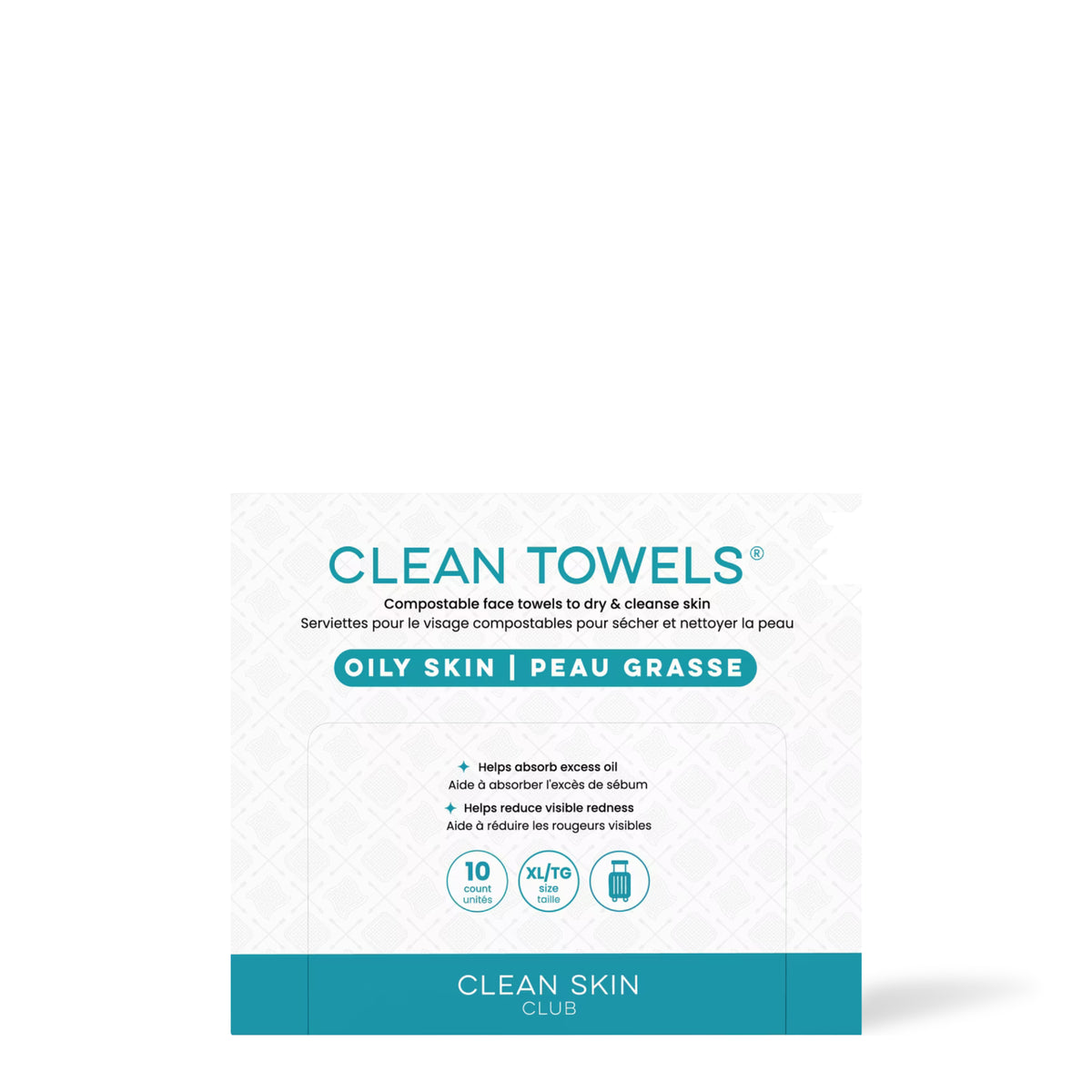 Serviettes pour le visage Clean Towels Peau grasse Clean Skin Club, paquet de 10 à bande turquoise, sur fond blanc