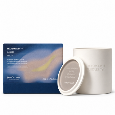 Holiday Tranquillity candle, white ceramic vessel and lid with blue gift box, 280 g