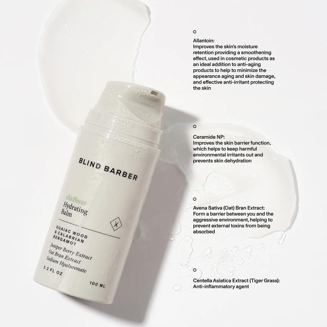 Blind Barber hydrating balm with product details on a white background