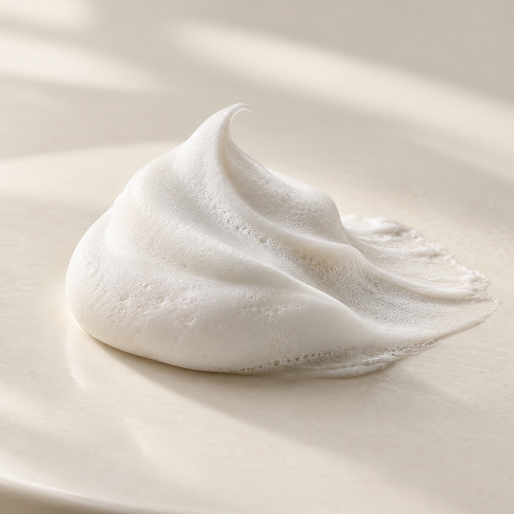 Illustrative airy skincare mousse texture on an ivory surface; not a photograph of the product.
